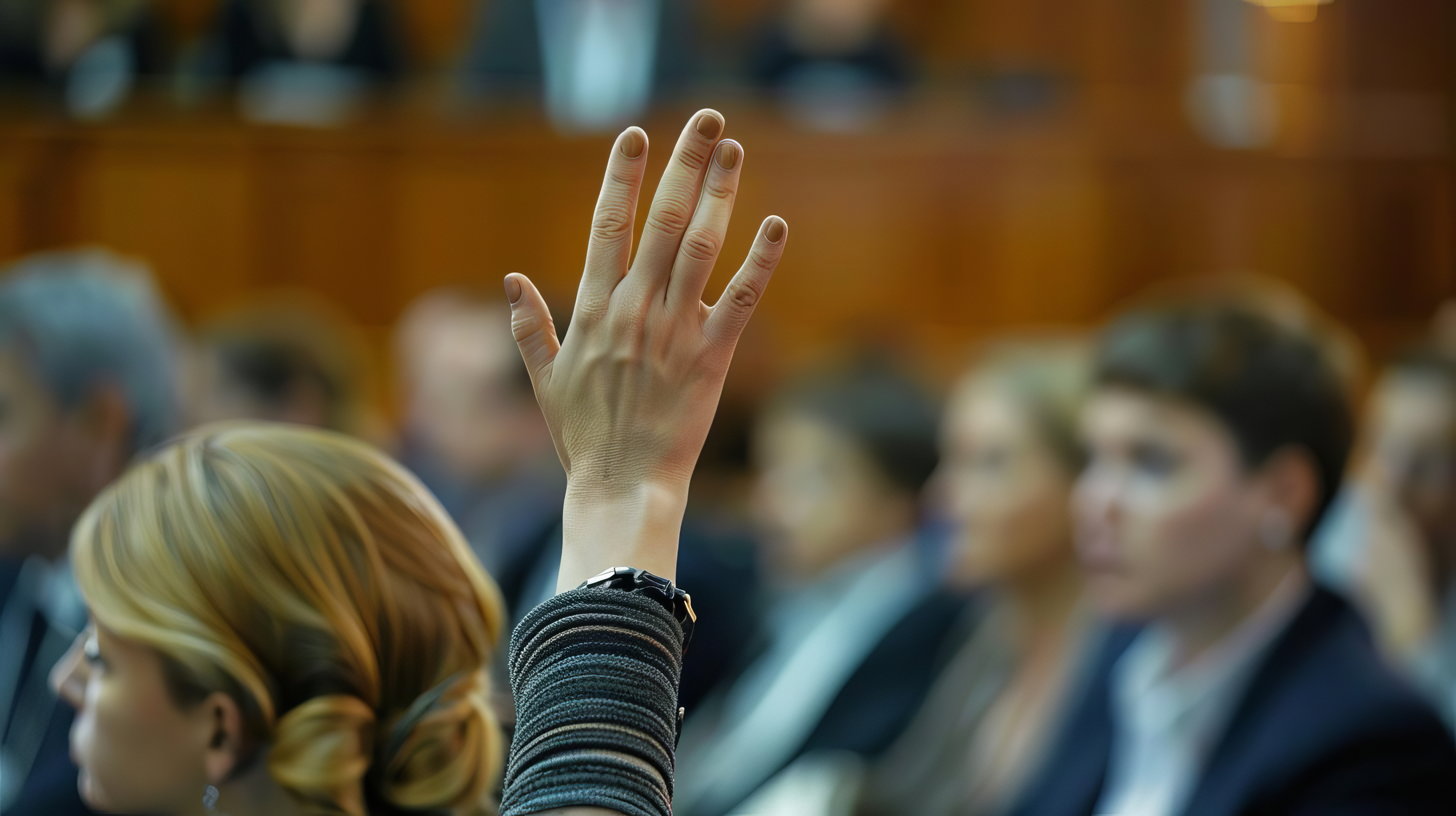 Eine Frau hebt ihre Hand für eine Wortmeldung während einer Fragerunde auf einen Seminar.